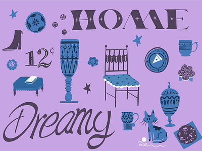 Dreamy cat chair cup dessert dreamy home illustration ottoman pie shoe stars