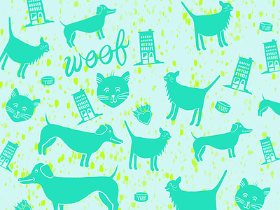City Cats and Dogs bowl building cats city dogs food hand lettering illustration lettering paw woof