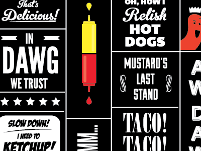 I need to Ketchup black board cartoon hot dogs ketchup mustard red taco typography wall white yellow