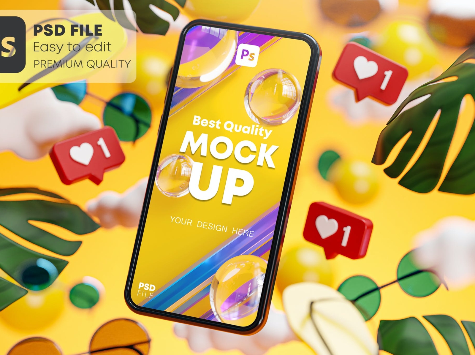 Phone Mockup Summer Yellow Tropical Concept 3D 3d app branding design graphic design illustration ios iphone logo mockup phone mockup ui ux vector