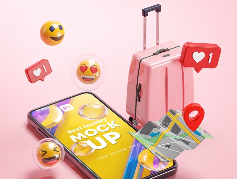Travel Suitcase Phone 3D Mockup 3d branding design graphic design illustration logo mockup phone phone mockup smartphone travel typography ui ux vector