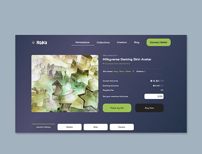 Roku NFT details page bitcoin blockchain defi design minimal ui ux web web design web3