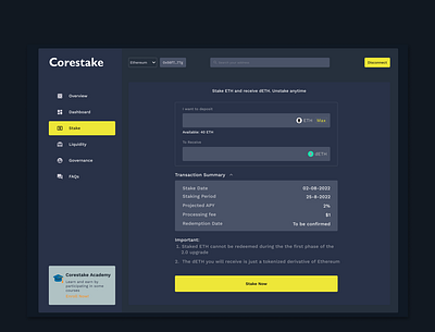 Staking page for Corestake blockchain defi design minimal ui ux web web design web3