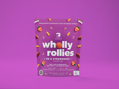 Wholly Rollies (PB & Strawberry) bag ball brand coconut color dates freezer frozen fruit healthy logo oats packaging peanut butter photography pouch protein purple snack strawberry