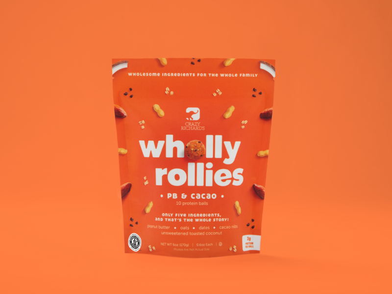 Wholly Rollies (PB & Cacao) bag ball brand cacao coconut dates design food freezer frozen healthy healthy food logo oats packaging peanut butter photography pouch protein snack