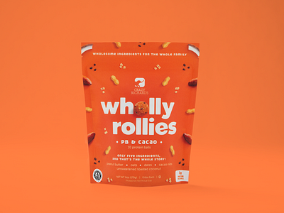 Wholly Rollies (PB & Cacao) bag ball brand cacao coconut dates design food freezer frozen healthy healthy food logo oats packaging peanut butter photography pouch protein snack