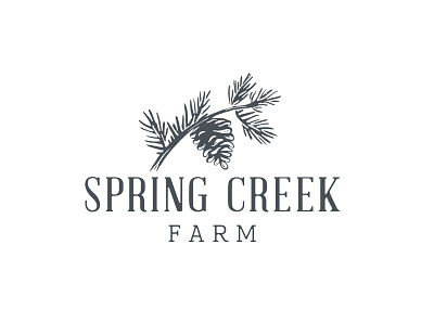 Spring Creek Farm Logo block block print branch brand cone creek custom type farm heritage identity logo needles organic pine pinecone print spring tree vintage wood
