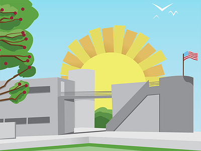 Frank Lloyd Wright Schoolhouse america bright cartoon flag flat fun school silly style sun tree vibrant