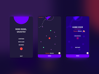 Bang Bang Galactic - Game UI - Concept galaxy game game design peggle peggle like prototype rogue like screen flow space stars ui universe visual prototyping