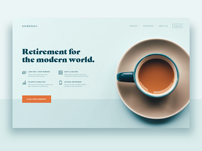 Someday - Retirement Startup Landing Page coffee hero landing page retirement someday ui web