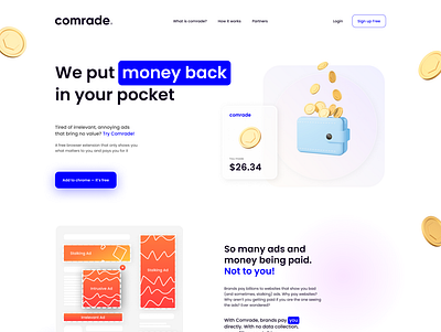 Comrade | Landing page and 3d design 3d art blender cashback design figma glassmorphism illustration landing page uxui web design