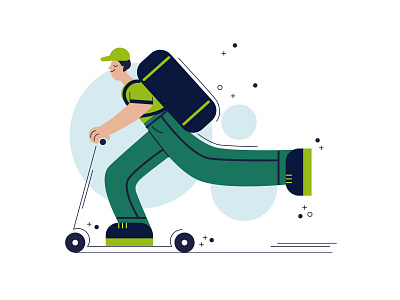 Delivery man on scooter character delivery service design flat illustration minimal scooter vector