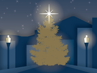Banking on the Holidays bank buildings christmas tree lights script seasons greetings snow stars