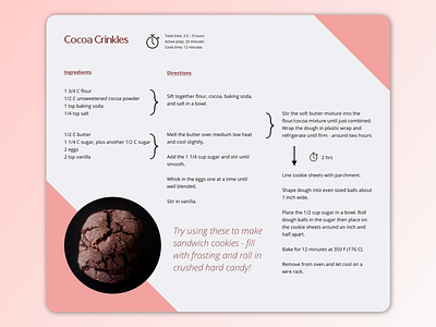 Recipe Card Weekly Warmup - Cocoa Crinkles! design dribbbleweeklywarmup graphic design rebound recipe card recipes