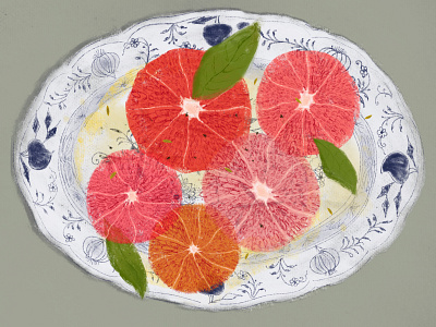 Grapefruit Salad on Meissen Platter book illustration digitalpainting editorial illustration food illustration gourmet illustration spot illustration