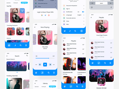 Music Player App UI Kit Light & Dark Mode android app artist dark theme dark ui design ios media media player mobile mobile app design music music player player playlist song ui concept