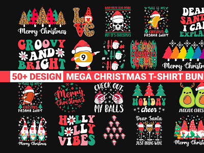 Christmas T-shirt Design Bundle christmas christmas t shirt custom t shirt design illustration merry christmas retro t shirt retro wavy santa shirt t shirt typography