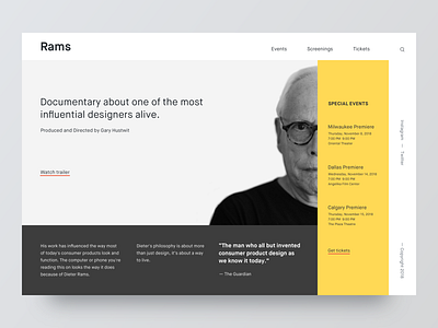 Rams Documentary - Design clean design dieter rams documentary grid landing page layout minimal movie rams tickets typography ui whitespace