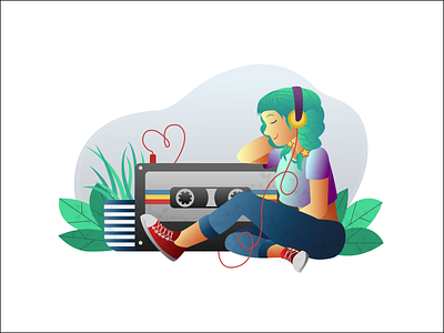 Retro music lover animation artwork character design flat flowers girl illustration illustration art illustrator music retro vector