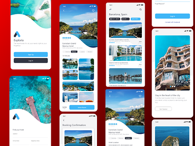 Exploria Hotel Booking App app booking branding design graphic design hotel booking app illustration logo typography ui ux vector