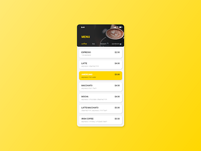 DAILY UI #43 // FOOD/DRINK MENU app coffee daily ui design drink app drink menu food drink menu menu ui