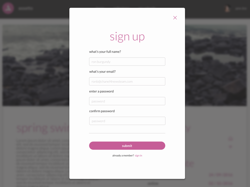 sign up modal by Logan Greer on Dribbble