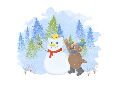 Illustration for children's book. Snowman. Bear.