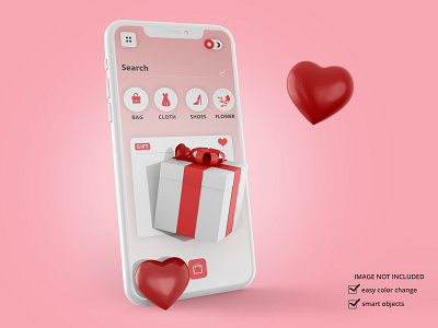 Smartphone mockup with box and hearts mockup