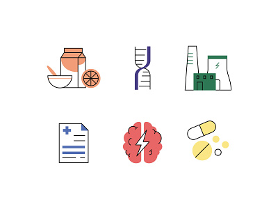 Science icons brain dna enviroment factory food fruits icon illustration journal line medication nutrition pills science stress