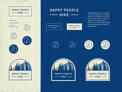 HAPPY PEOPLE HIKE - FINAL badge badge design badge logo branding derek mohr forest hiking illustration logo logo design logo mark michigan mother nature mountain logo mountains national park national parks outdoors retro sustainability