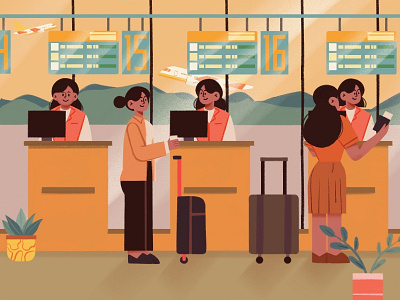 Check in - Illustration airplane airport art artwork branding checkin clean design digitalart digitalillustration digitalpainting digitalsketch graphic design human illustration landscape people procreate uiillustration vector