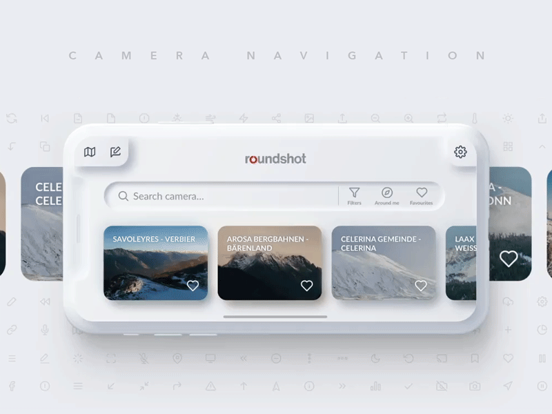 360° camera navigation animation app camera card dashboard feed gallery gif interaction interface landscape mobile navigation neumorphic neumorphism scroll scroller swipe ui ux