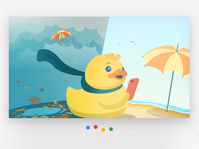 Google assistant cover illustration app art assistant autumn banner beach character cover doodle duck google illustration iphone rain rubber scarf summer umbrella vector weather