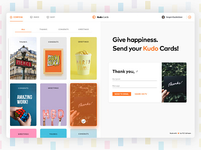 Kudo Cards manager dashboard app card check dashboard email feed fluent form gallery grid hover interface letter message postcard sketch tabs ui ux web