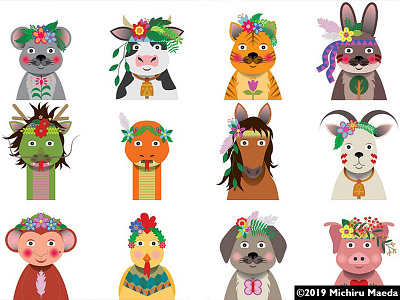 Chinese zodiac animals with Bohemian floral headpiece animals bohemian design icon illustration royaltyfree shio vector vectorstock zodiac