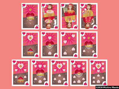 Deck of hearts playing card with dominant pink color characters crowns custom lettering download flora flower fun gamble hearts illustration numbers numeral pastel pink playing card romantic rose royalty free vector vectorstock