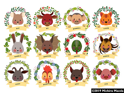 Chinese zodiac animals with Bohemian floral circles and ribbons