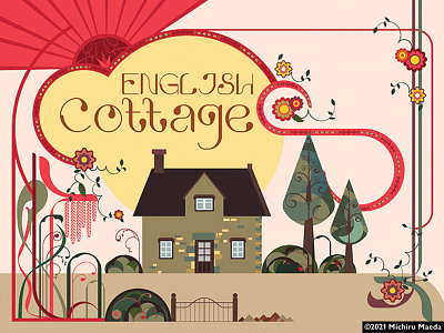 English cottage illustration in Art Nouveau style