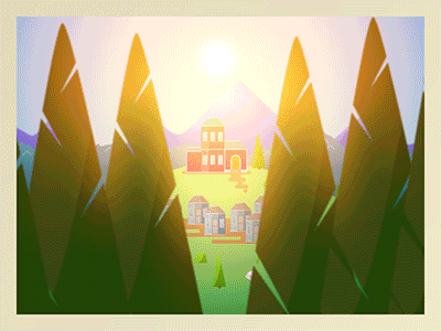 The Magic City compositing depth of field flat house illustration landscape mountains paralax sun trees valley vector
