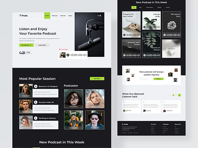 Pods - Podcast Landing Page app audio channel conversation design episode flat landing page minimal mobile music play player podcast podcasts sound talk ui user interface website