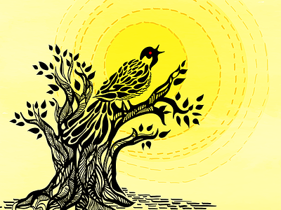 Call of the Koel bird black graphic design heat illustration ink song summer yellow