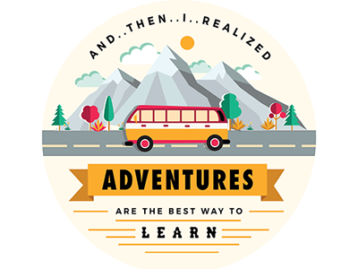 Adventure adventure bright bus flat colour landscape learn mountains orange quotes red travel