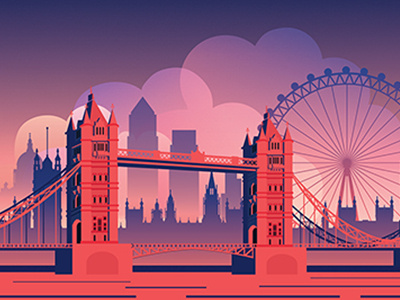 London Illustration blue bridge london postcard red skyline thames tower bridge