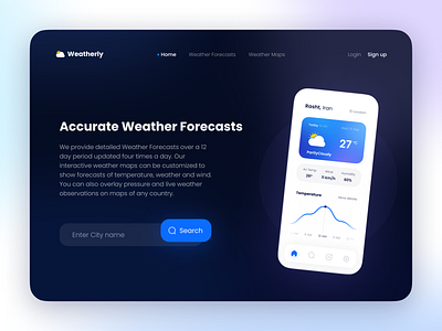 Weatherly landing page ⛅ blue dark blue dark theme design figma graphic design landing landing page ui ui design uiux ux weather