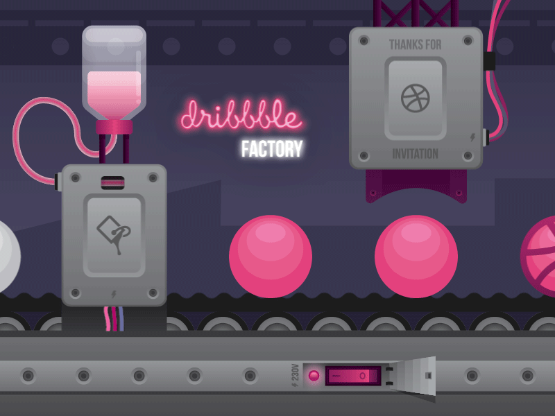 Dribbble Welcome animation assembly line design factory invite motion thank you welcome