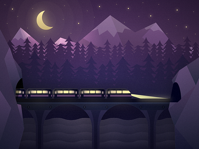 Night train illustration landscape moon mountain night snow stars train vector