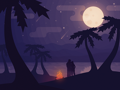 Nightbeach illustration landscape moon mountain night stars vector