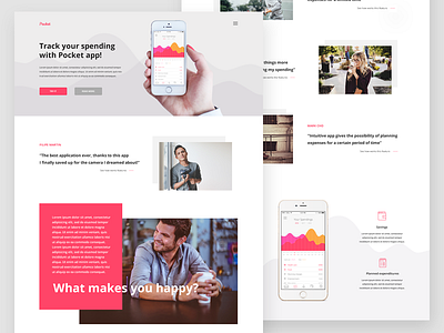 Pocket App Landing Page app bold colors finance app landing page mobile app pink ui ux webdesign