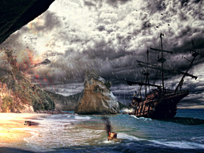 Pirate attack cave compositing matte painting photoshop pirate ship