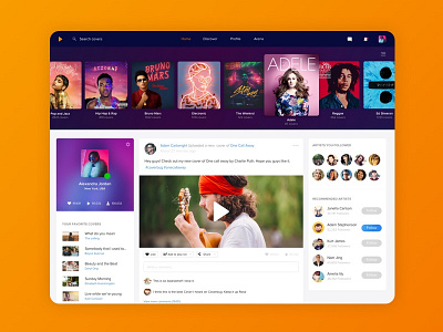 Coverbug dashboard feeds music newsfeeds orange profile purple timeline ui ux